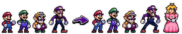 A before and after picture displaying Rivals of Aether-style sprites of Mario, Luigi, Wario, and Waluigi on the left, and the new sprites of Mario, Luigi, Wario, Waluigi, and Peach on the right.